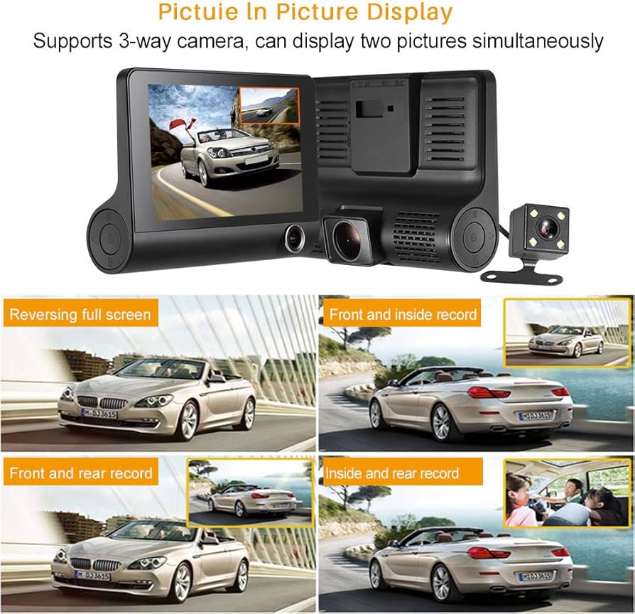 Car Dash Cam Front Inside Rear Video Recorder Camera Dual Dash Cam with 4 inch Reverse Full Screen Driving Recorder DVR HD 1080P Night Vision Parking Mode Seamless Recording