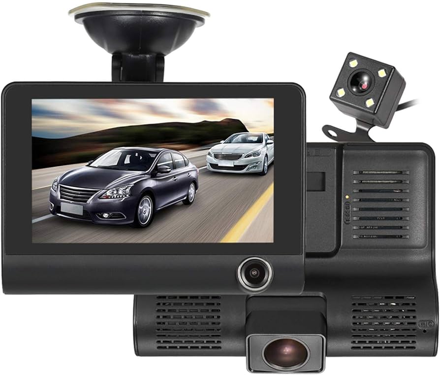 Car Dash Cam Front Inside Rear Video Recorder Camera Dual Dash Cam with 4 inch Reverse Full Screen Driving Recorder DVR HD 1080P Night Vision Parking Mode Seamless Recording