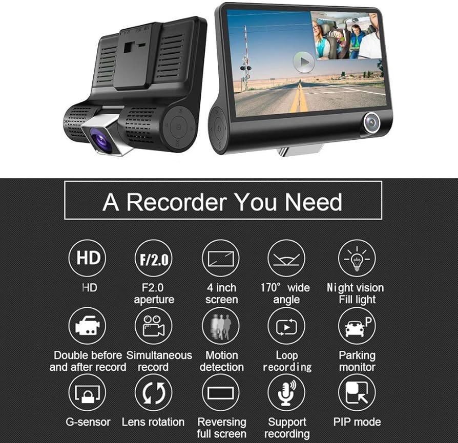 Car Dash Cam Front Inside Rear Video Recorder Camera Dual Dash Cam with 4 inch Reverse Full Screen Driving Recorder DVR HD 1080P Night Vision Parking Mode Seamless Recording