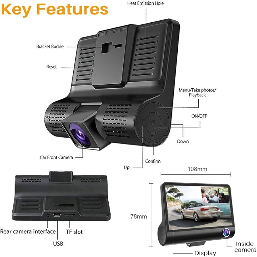 Car Dash Cam Front Inside Rear Video Recorder Camera Dual Dash Cam with 4 inch Reverse Full Screen Driving Recorder DVR HD 1080P Night Vision Parking Mode Seamless Recording