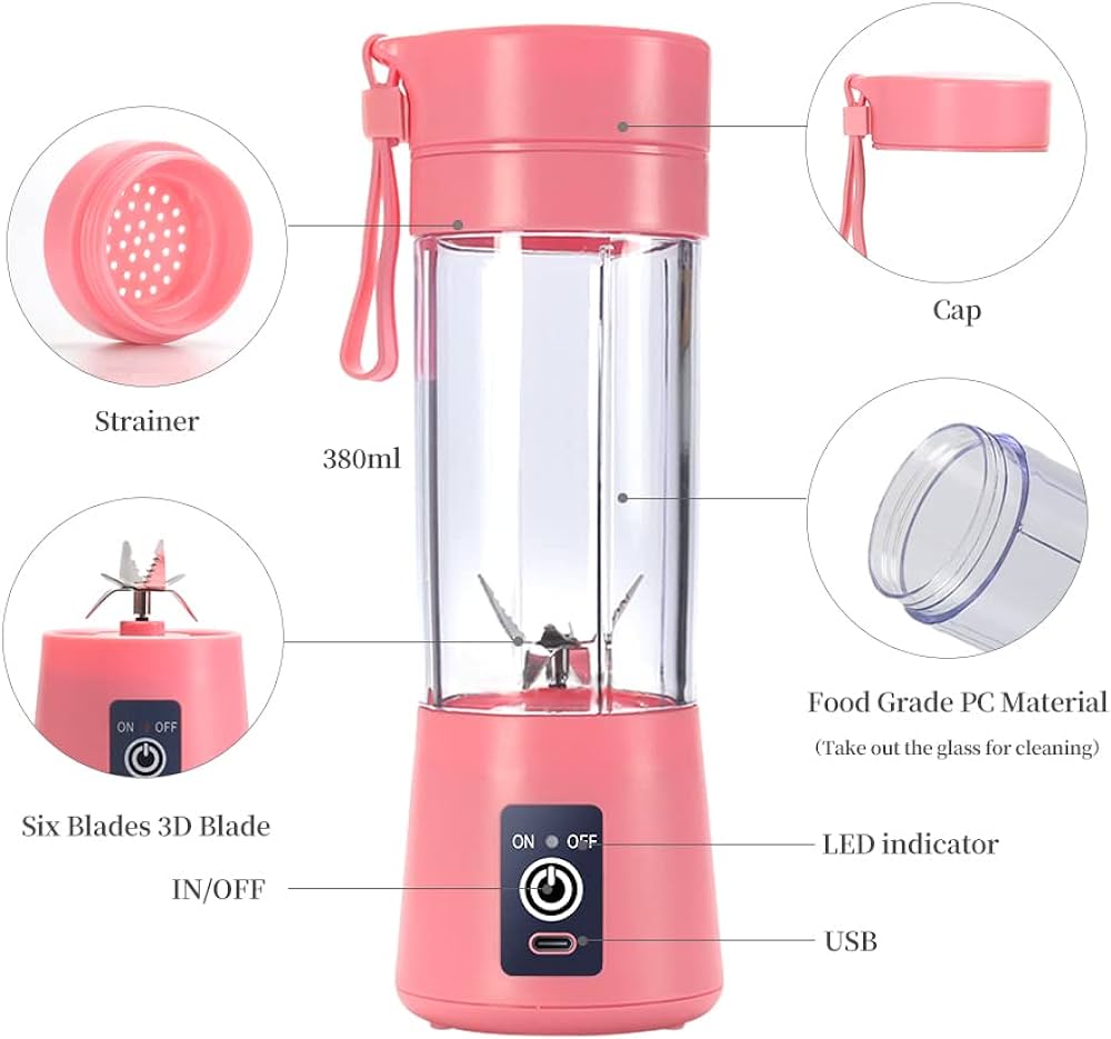 Portable Blender Cup,Electric USB Juicer Blender,Mini Blender Portable Blender For Shakes and Smoothies, juice,380ml, Six Blades Great for Mixing,pink