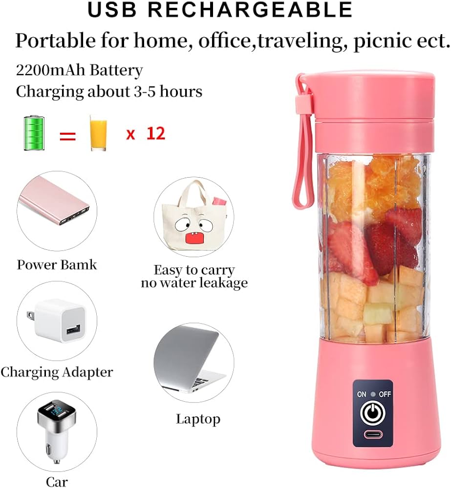 Portable Blender Cup,Electric USB Juicer Blender,Mini Blender Portable Blender For Shakes and Smoothies, juice,380ml, Six Blades Great for Mixing,pink