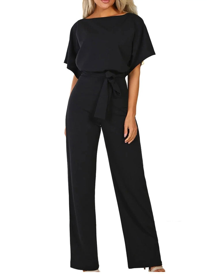 Womens black short sleeve jumpsuit with belt