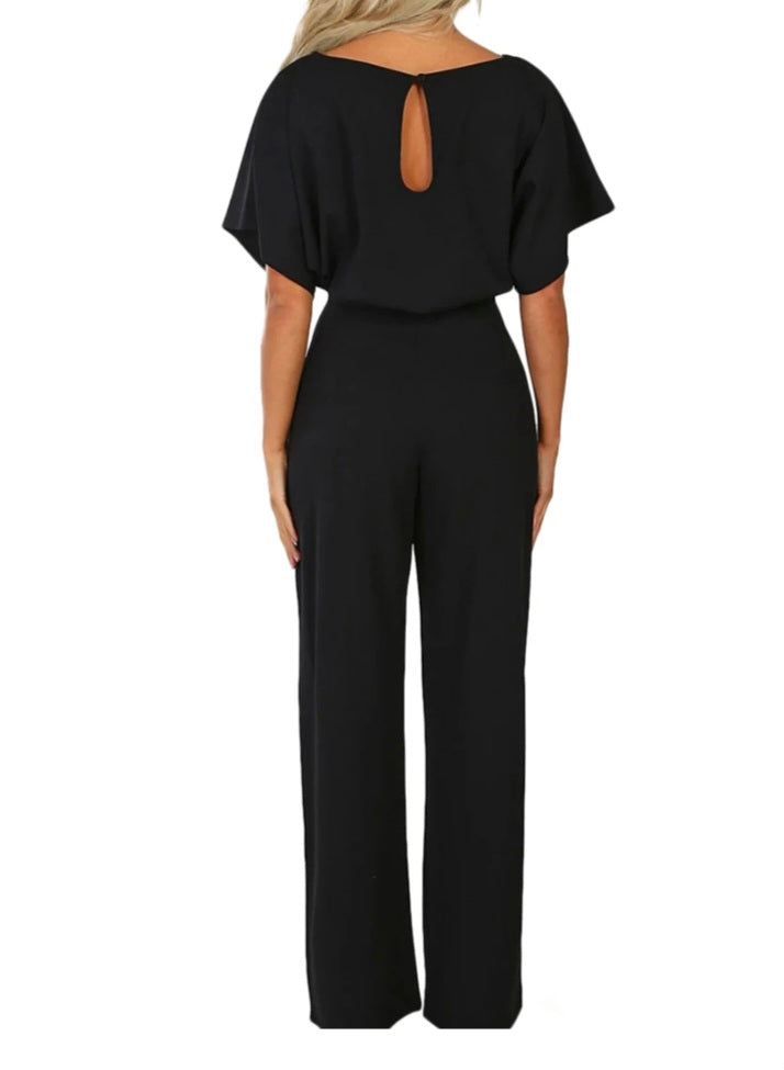 Womens black short sleeve jumpsuit with belt