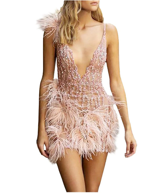 Womens pink sequence evening wear dress with feather accent