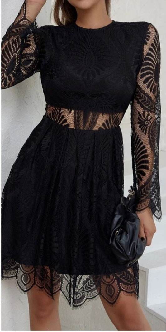 Womens black short lace long sleeve casual dress