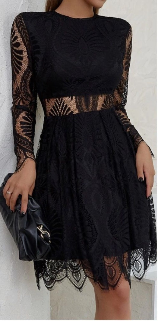 Womens black short lace long sleeve casual dress