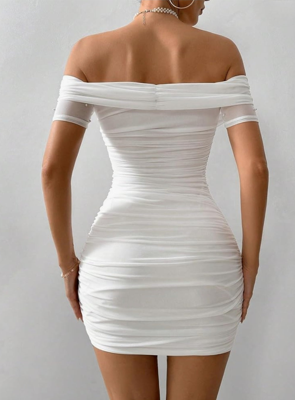 Womens white mesh evening dress with pearls accent