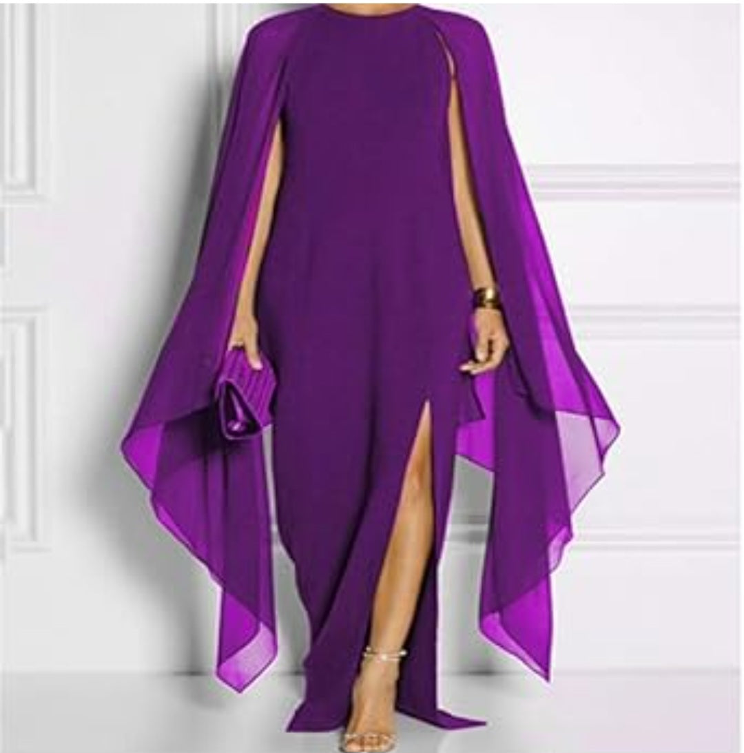 Womens purple long evening dress with sheer sleeve