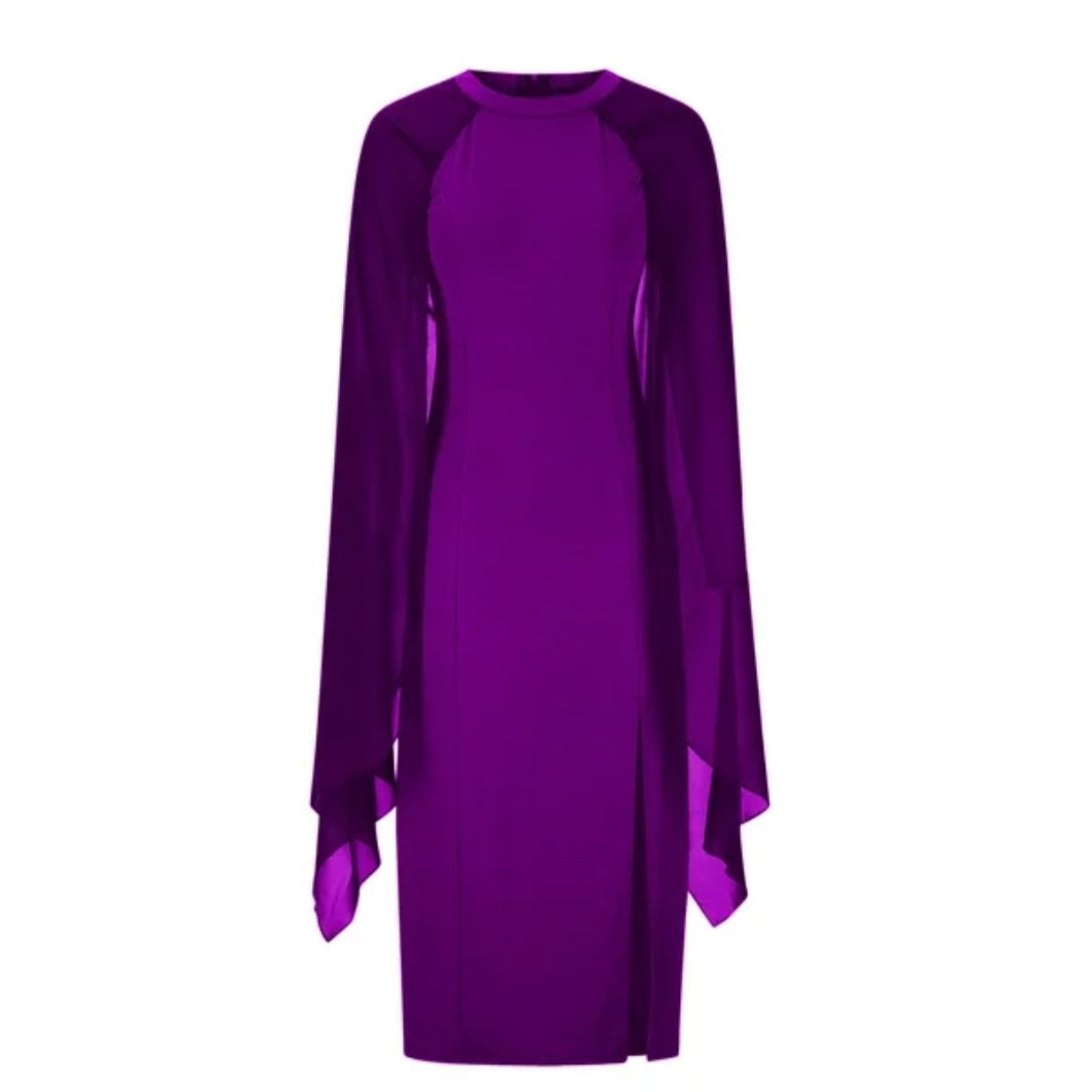 Womens purple long evening dress with sheer sleeve