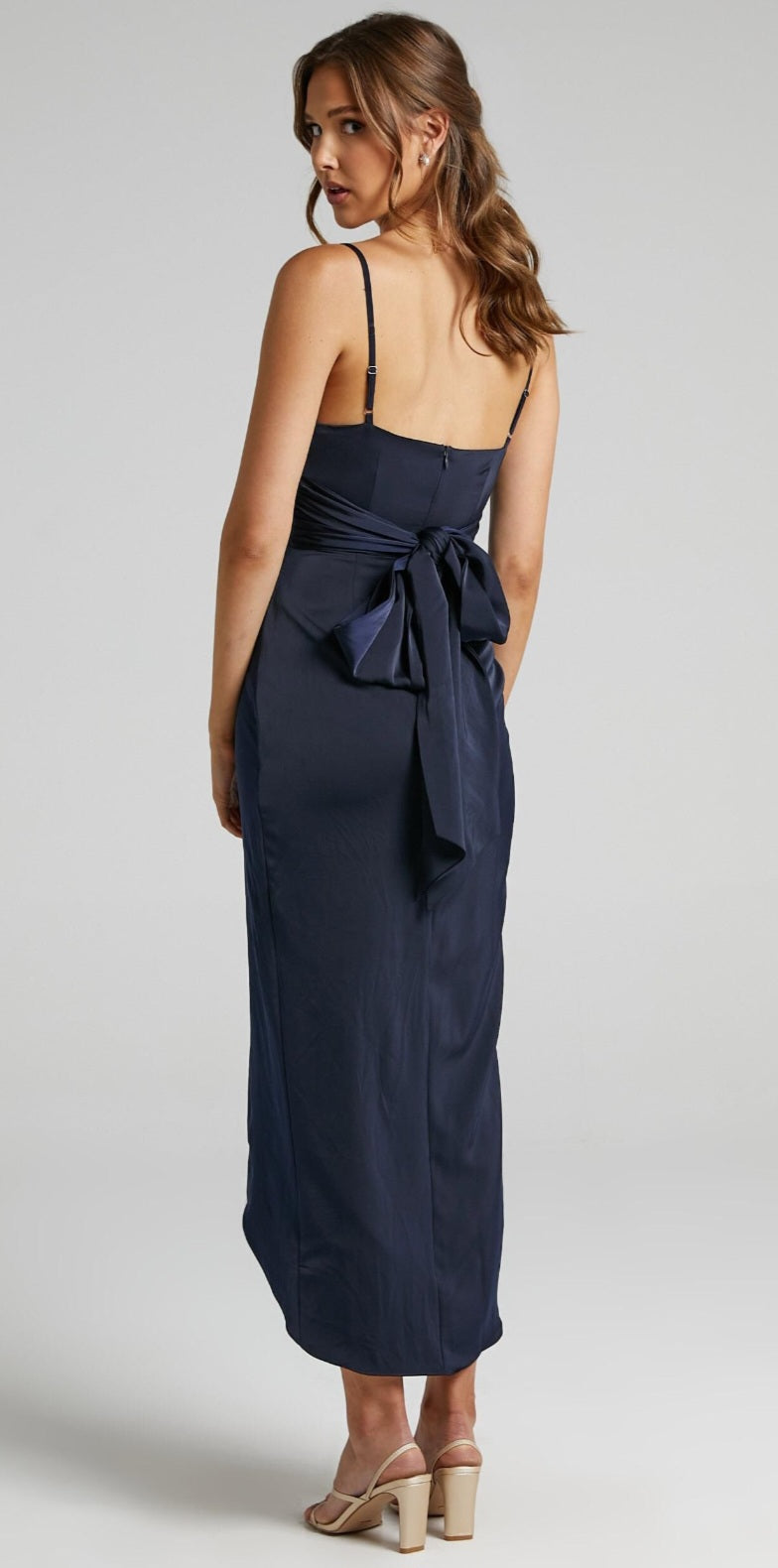 How Will I Know Midi Dress - Wrap Waist Tie Tulip Hem Dress in Navy