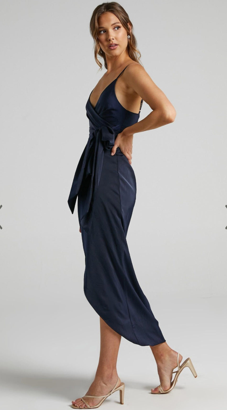 How Will I Know Midi Dress - Wrap Waist Tie Tulip Hem Dress in Navy