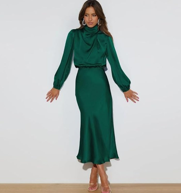 Womens green long sleeve satin midi evening dress