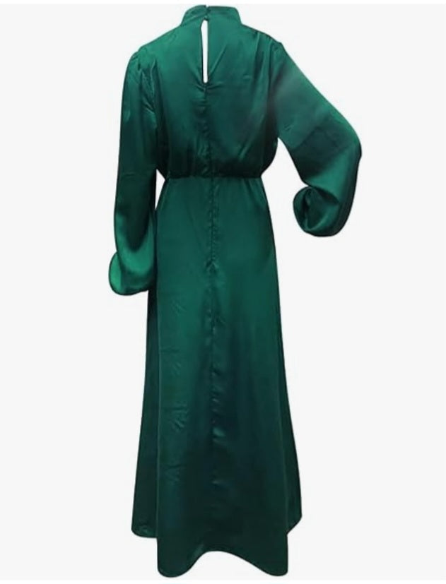 Womens green long sleeve satin midi evening dress