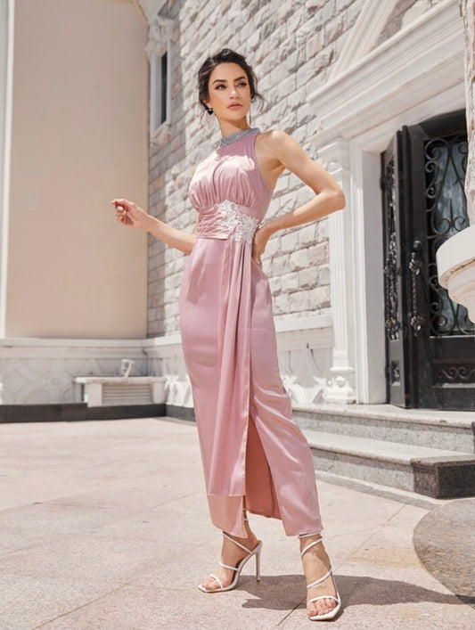 Womens long pink satin evening dress with rhinestone neckline