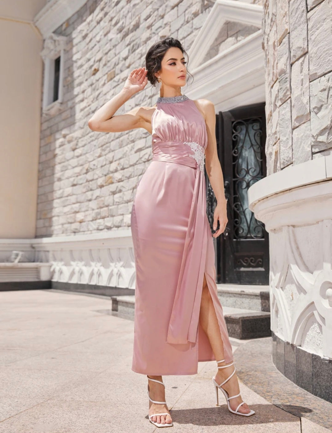 Womens long pink satin evening dress with rhinestone neckline