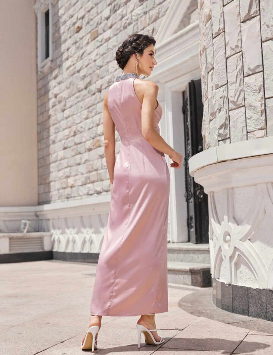 Womens long pink satin evening dress with rhinestone neckline