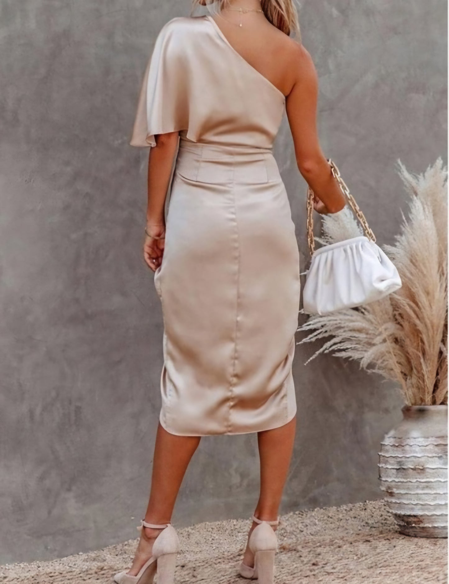 Womens one shoulder ruched satin midi dress