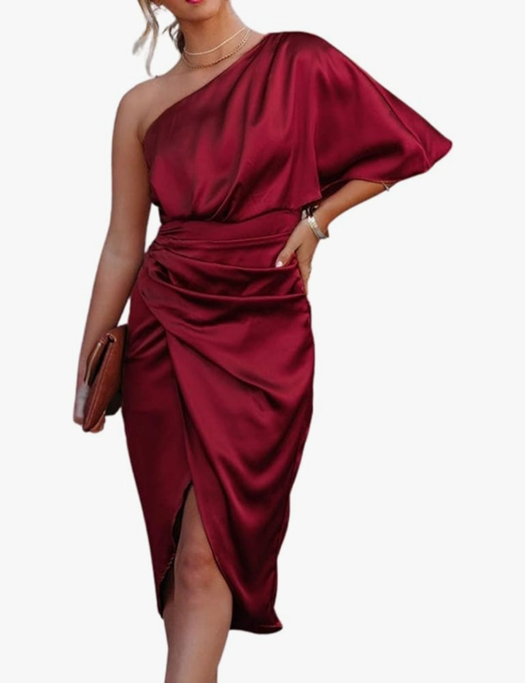 Womens one shoulder ruched satin midi dress