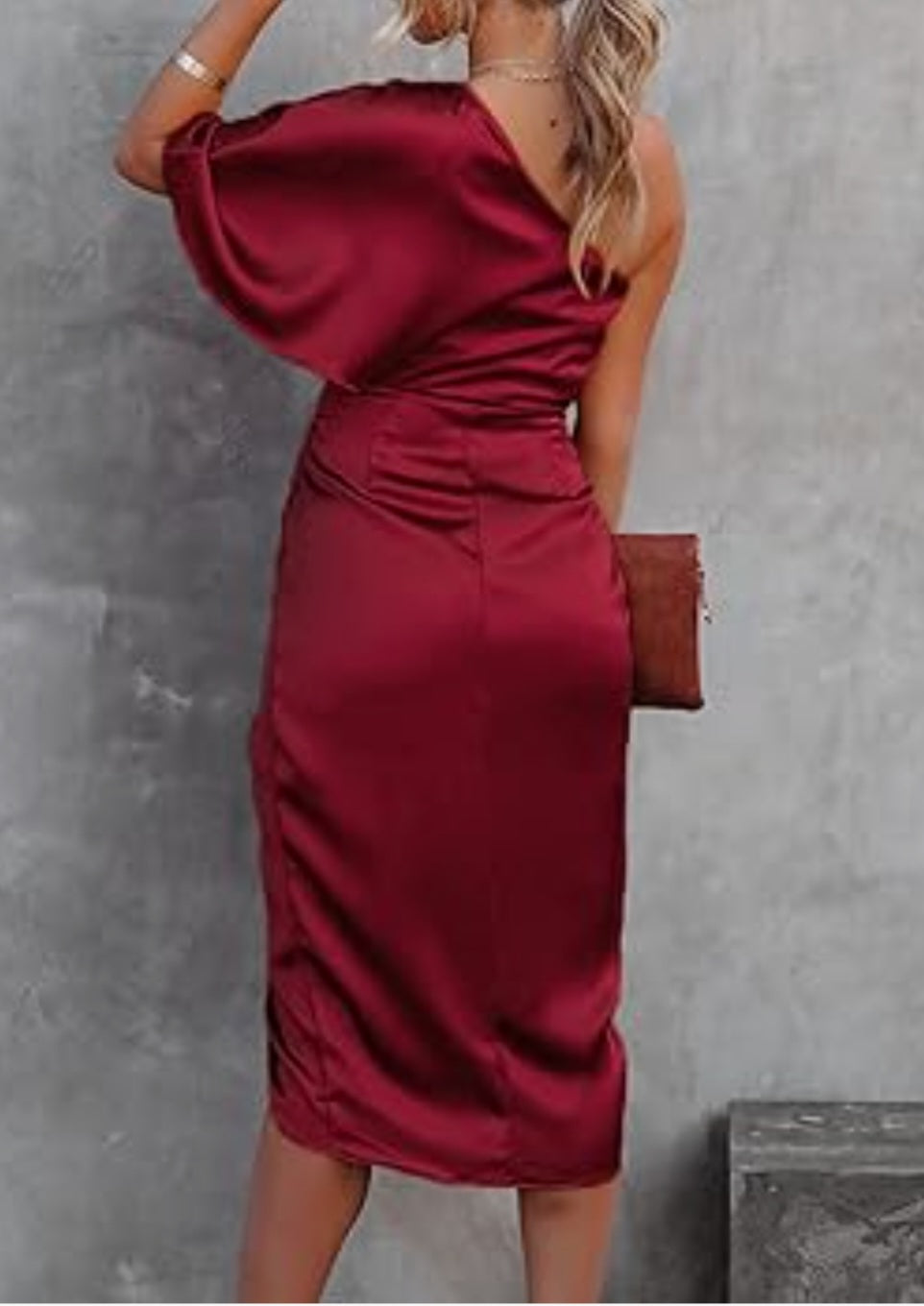 Womens one shoulder ruched satin midi dress