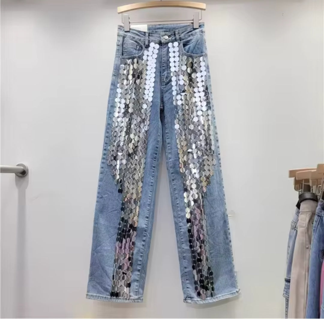 Womens designer studio jeans with silver sequence