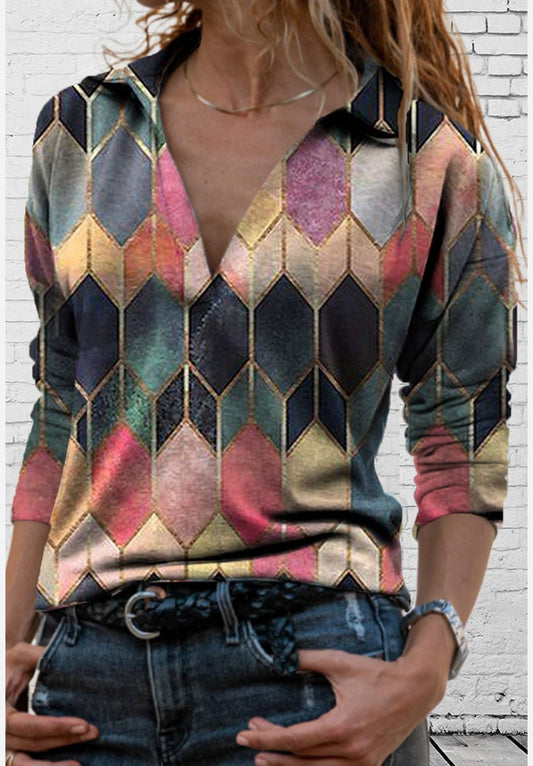 Long sleeve collared geometric print blouse