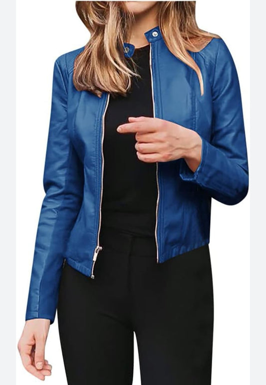 Womens faux leather blue jacket