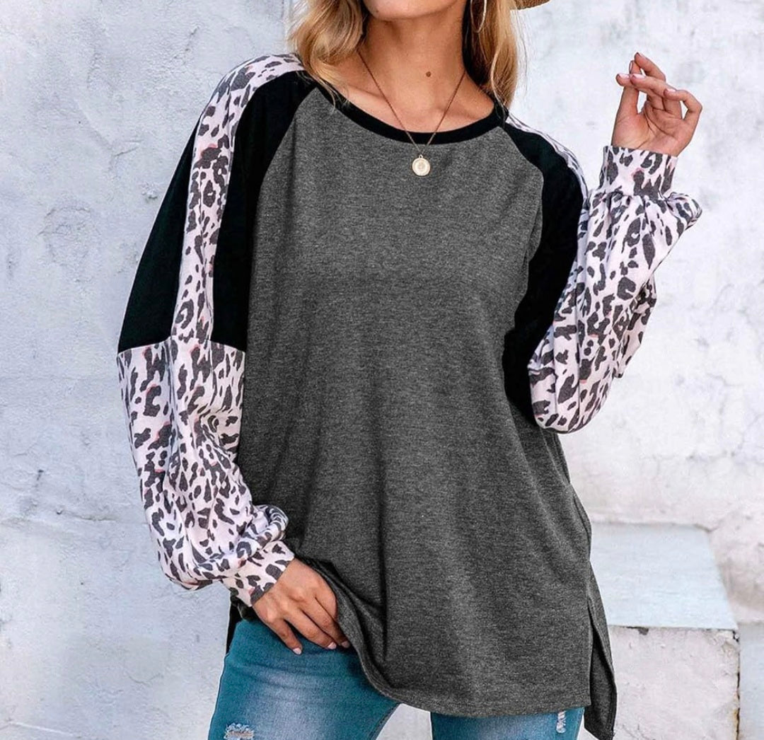 Womens long sleeve colourblock leopard top