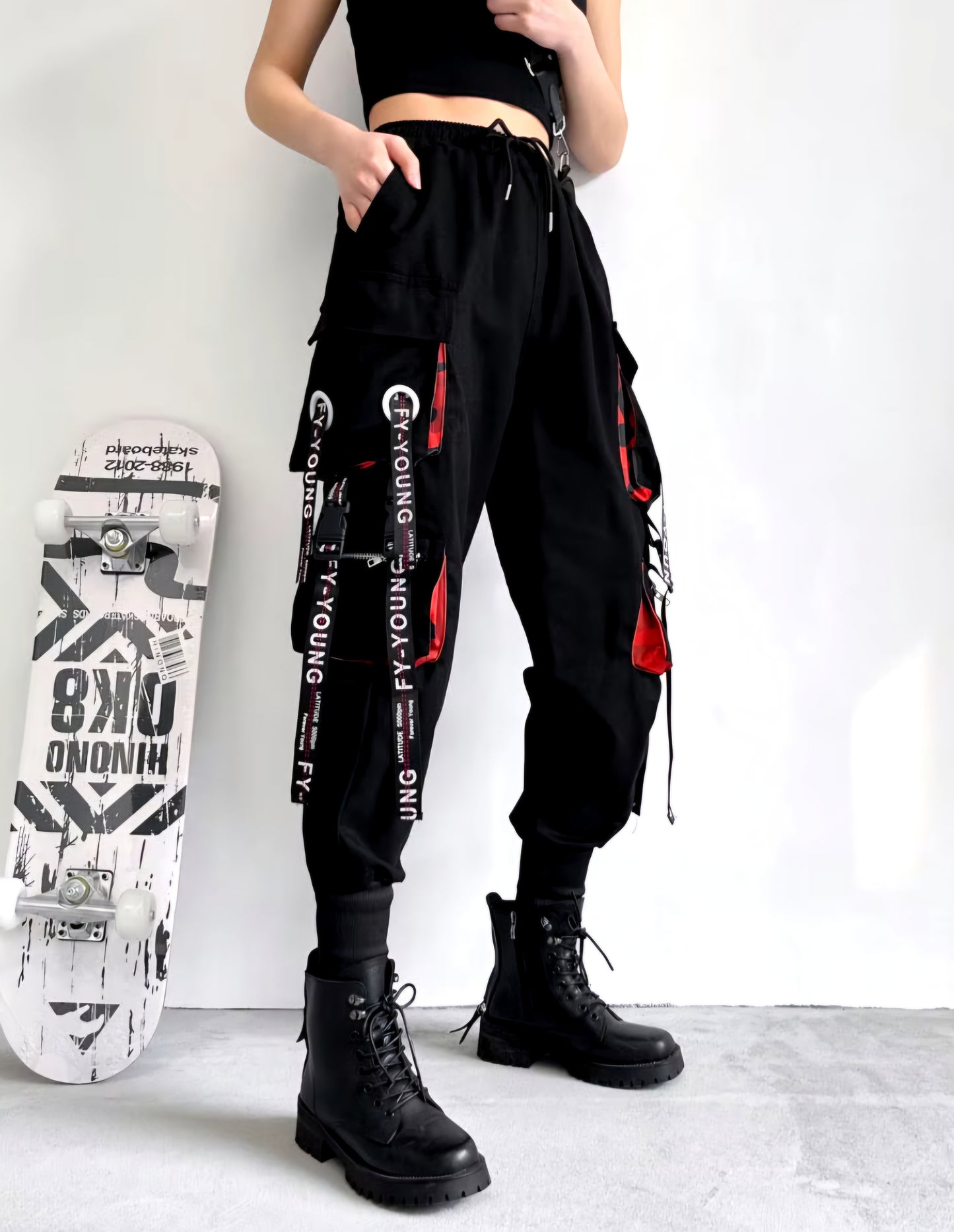 Womens black and red harem punk cargo pants