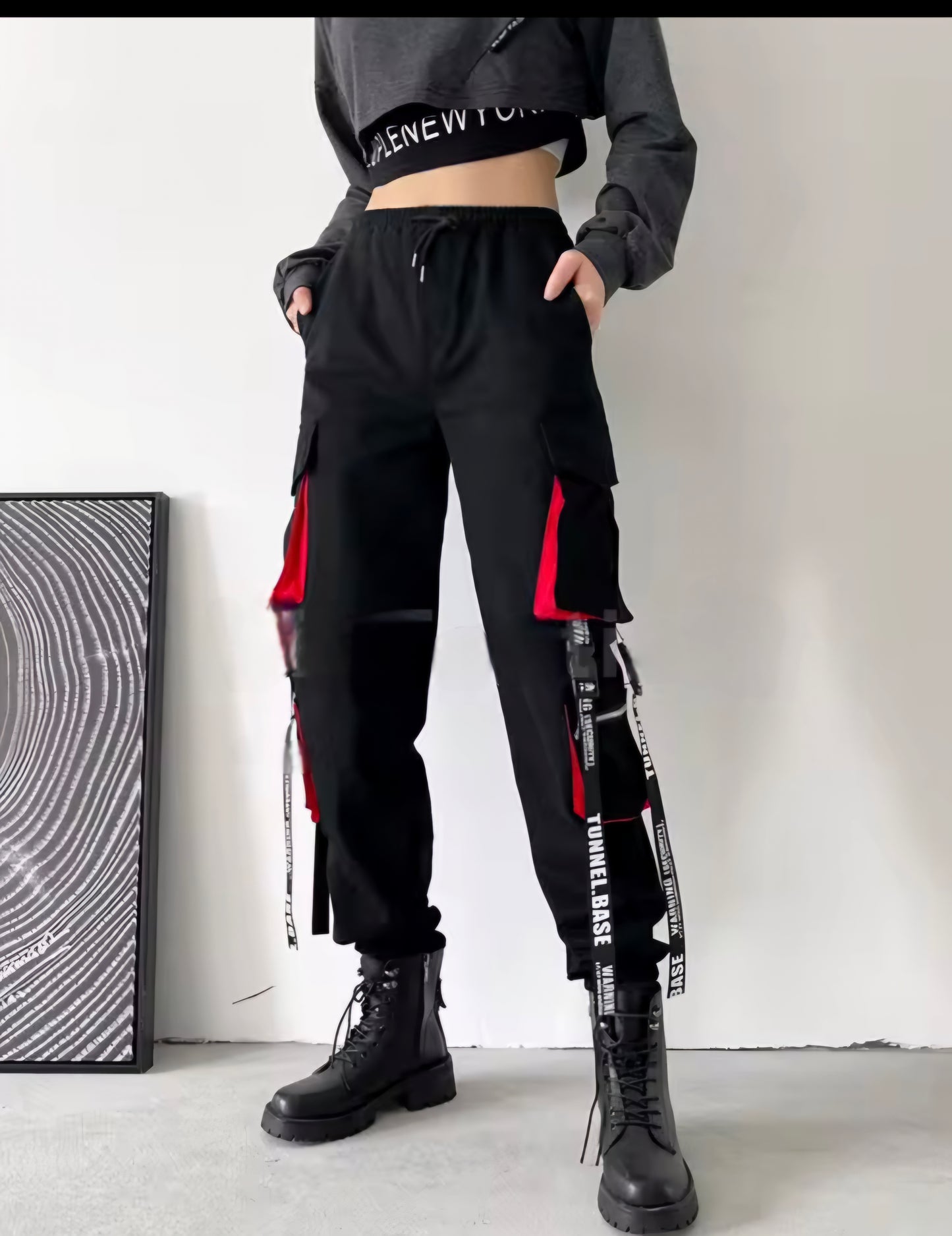 Womens black and red harem punk cargo pants