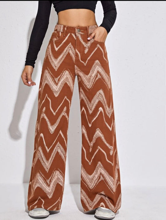 Wide leg chevron print brown jeans