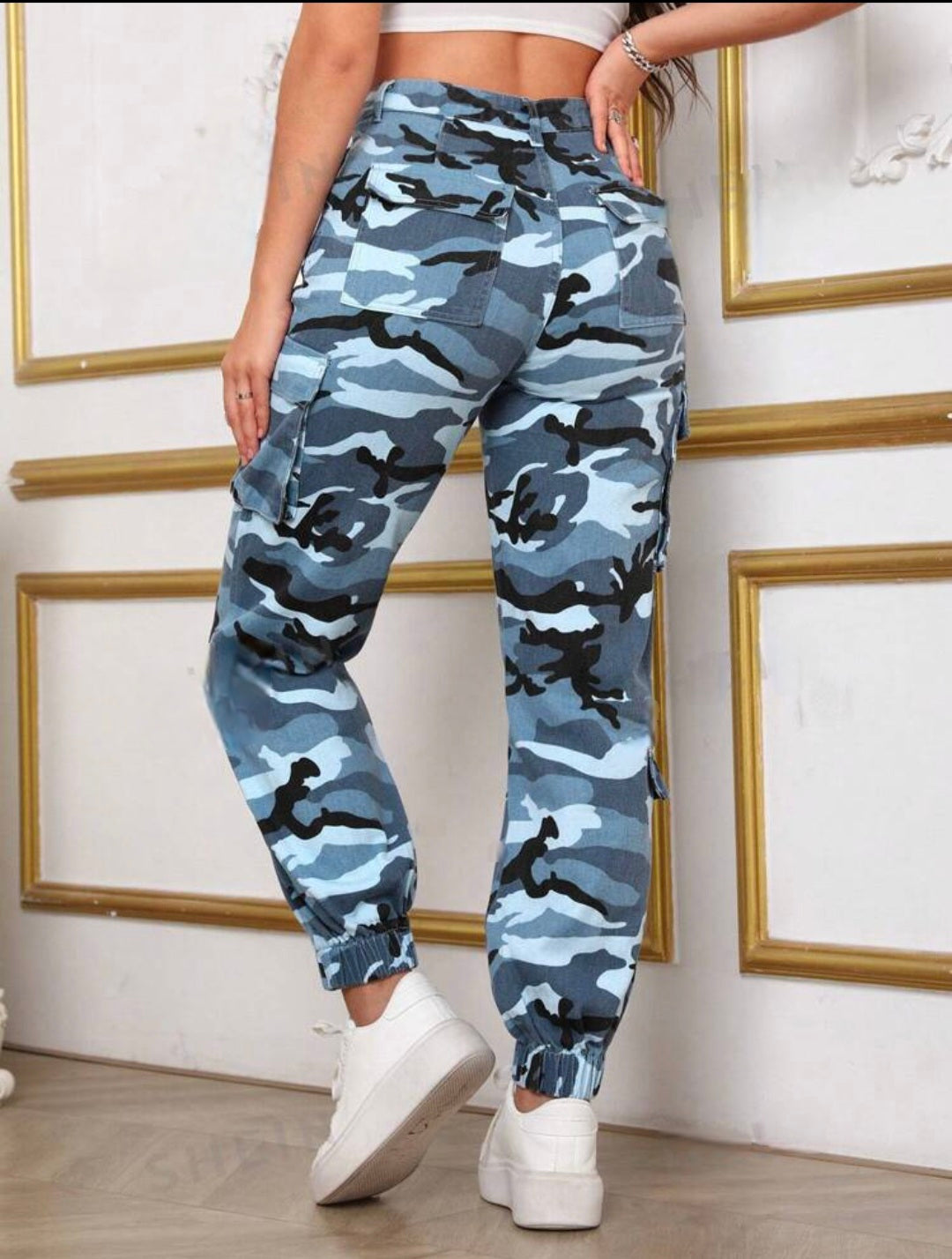 Blue Camo Print Flap Pocket Cargo jeans