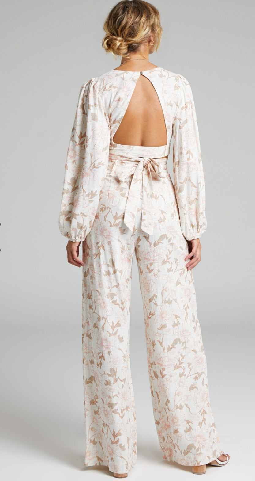 SHOWPO Amalie The Label - Clarette Linen Blend Cotton Belted High Rise Wide Leg Pant in Pink Linear Floral