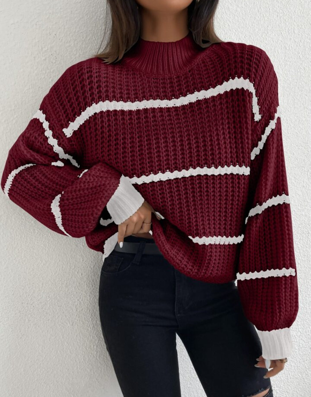 Womens Striped Mock Neck knit Sweater in burgendy