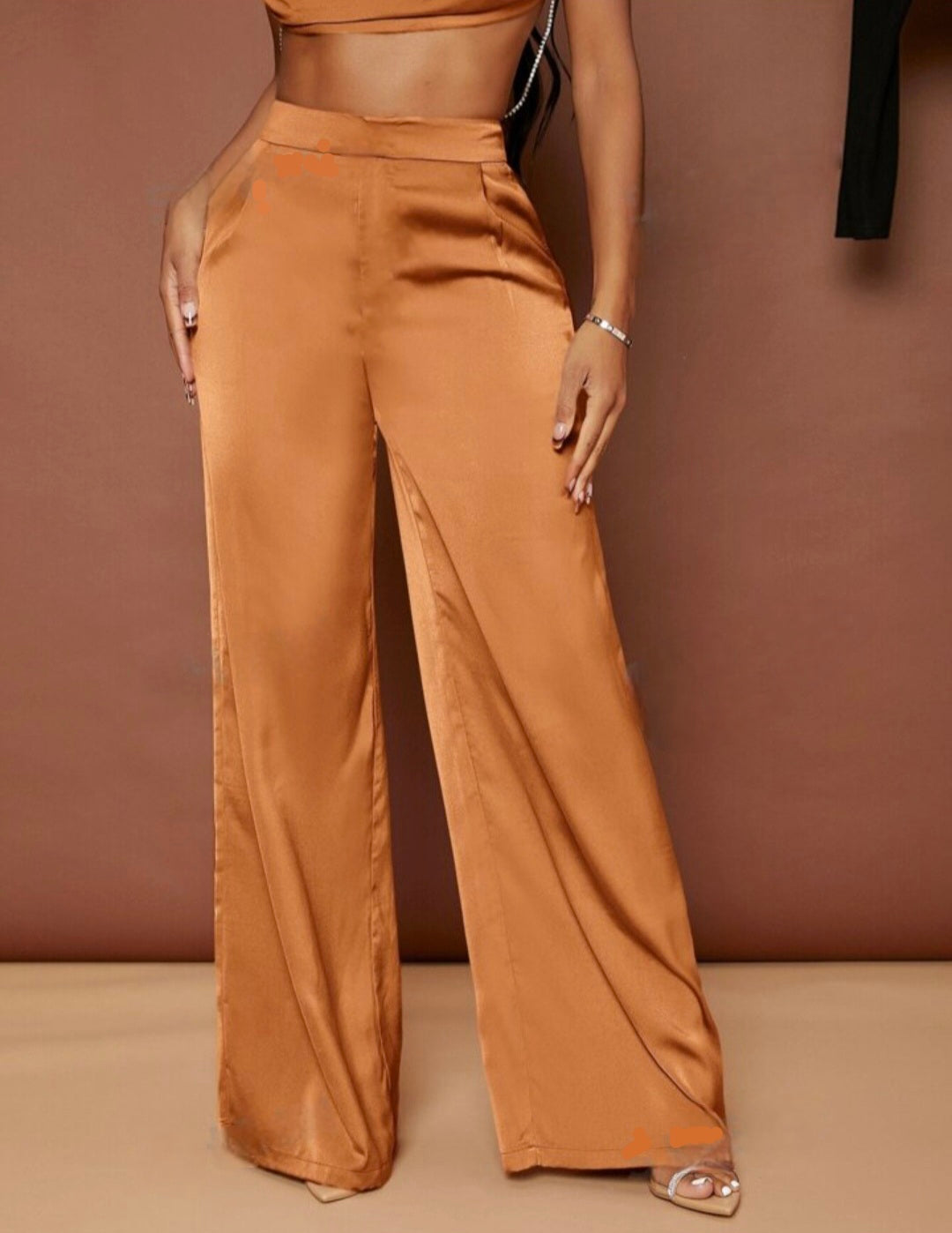 Bronze satin wide leg pants