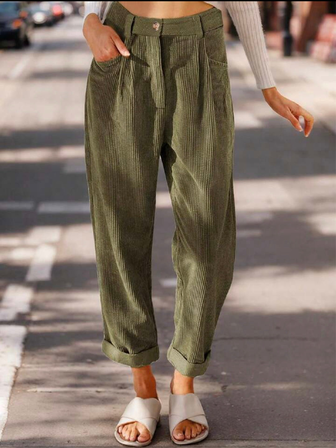 Womens green corduroy high waisted pants