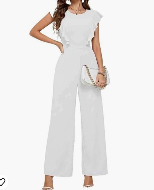 Womens White short sleeve ruffle jumpsuit