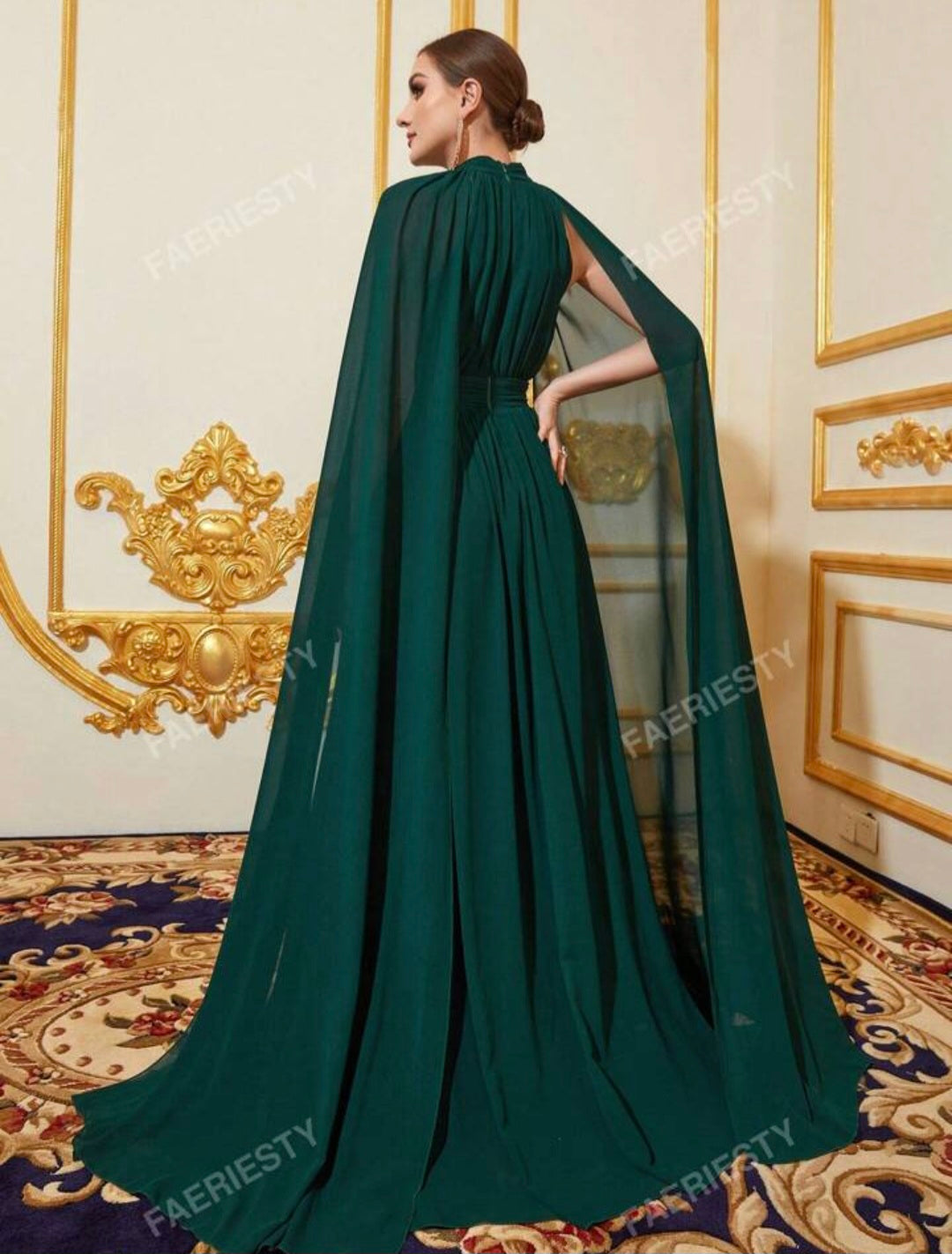 Womens formal chiffon turtleneck style cape dress