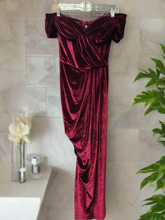 Womens red velvet off shoulder evening dress