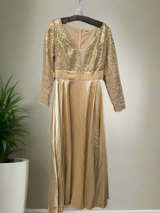 Long sleeve sparkly gold maxi dress