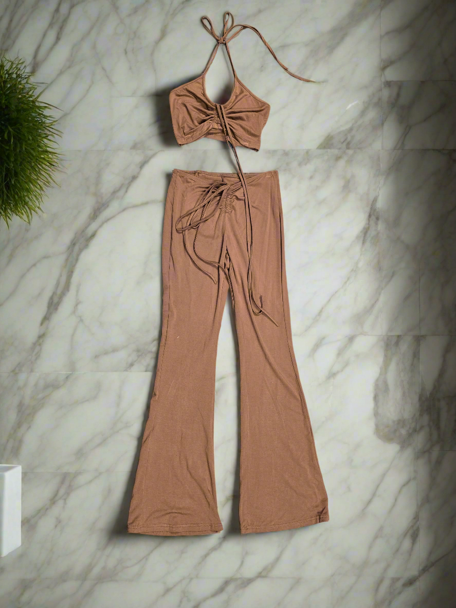 Womens 2pc ruched drawstring halter top and flare bottom pants