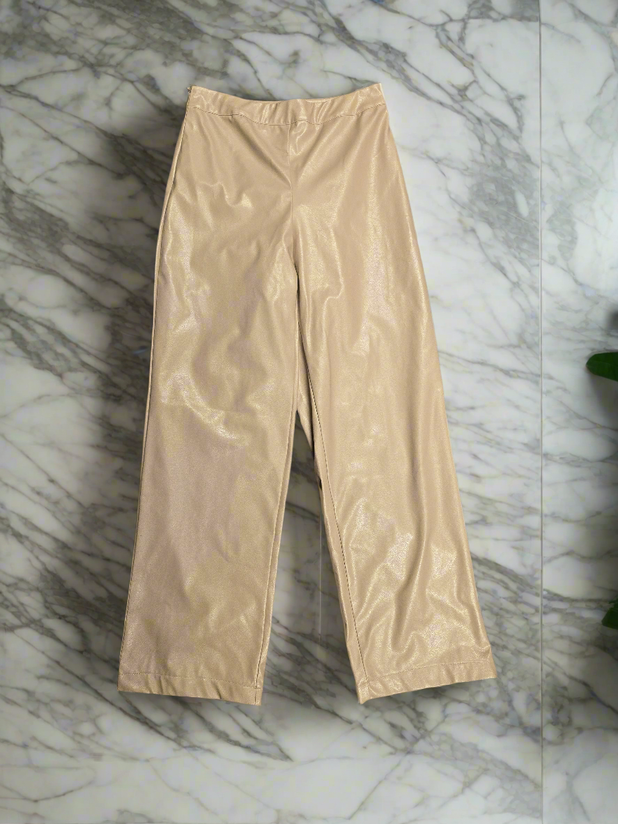 Womens wide leg faux leather pants in cream