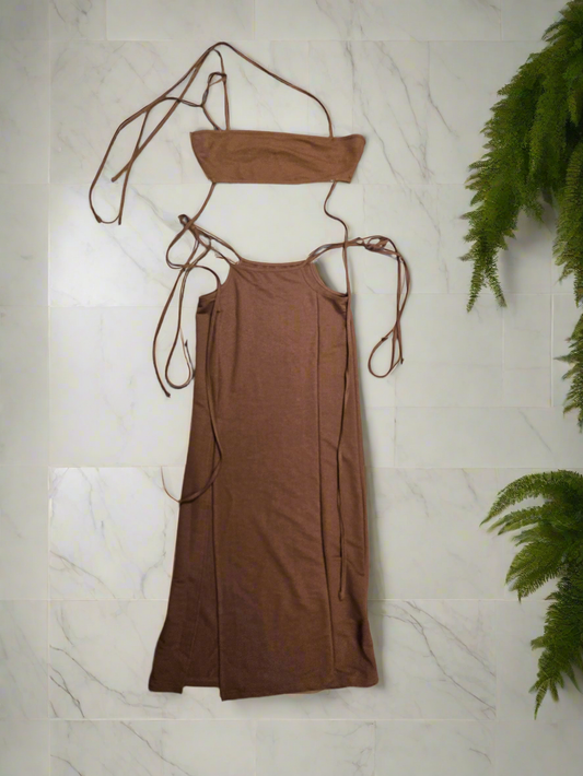 Brown 2pc skirt and one shoulder tie crop top beach cover up