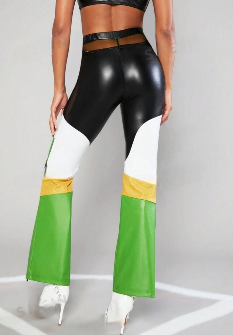 Colorblock sheer mesh faux leather flare pants