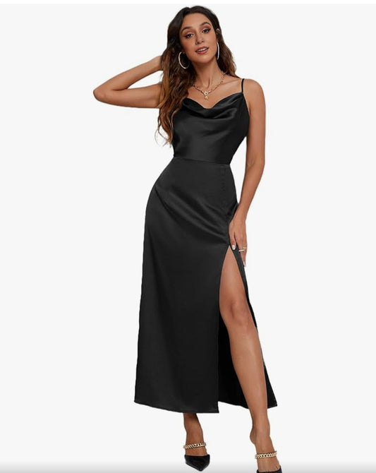 Womens black satin midi dress with slit