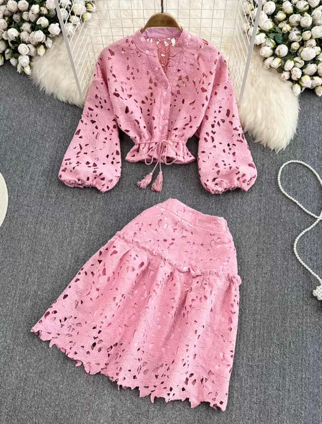 Womens embroidered lace 2pc top and skirt set