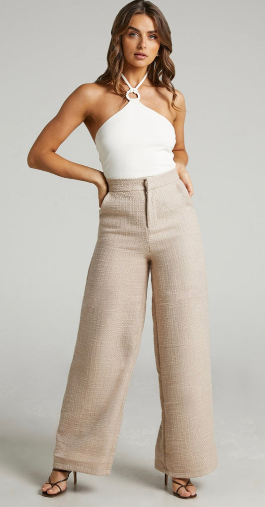 SHOWPO Walters Pants - Tweed Wide Leg High Waist Tailored Pants in NEUTRAL