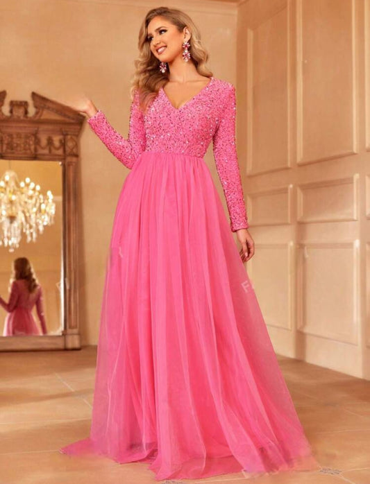 Pink long sleeve sequence sparkly formal gown