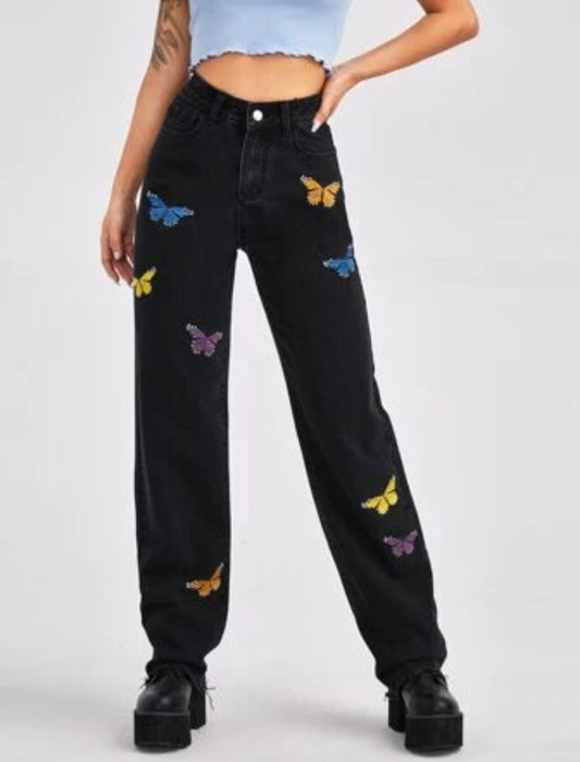 Womens butterfly print black denim jeans