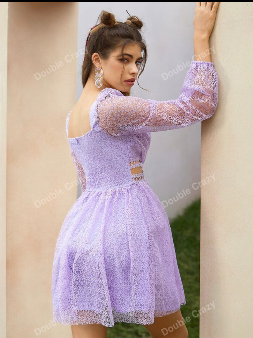 Double crazy lavender sheer lace sleeve dress